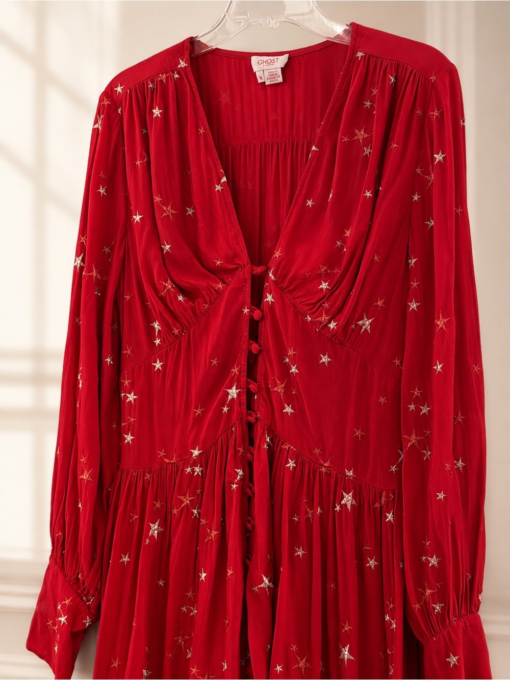 Ghost London Red Metallic Star Print Midi Dress Long Sleeve Button Front Size M